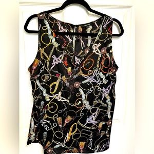 EUC V neck Black Print Sleeveless Blouse Large